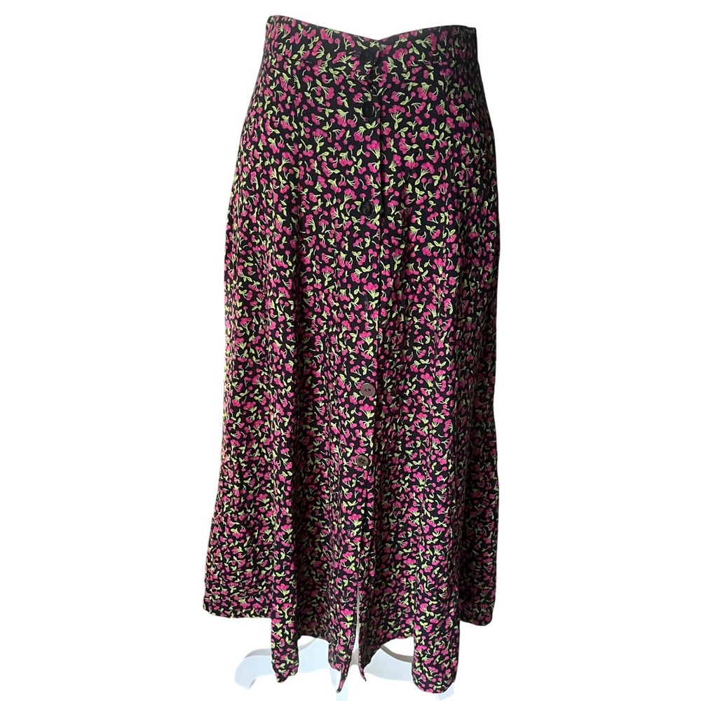Vintage ZZ Michaels Cherry Print Button Front Midi Skirt Black‎ Womens Medium